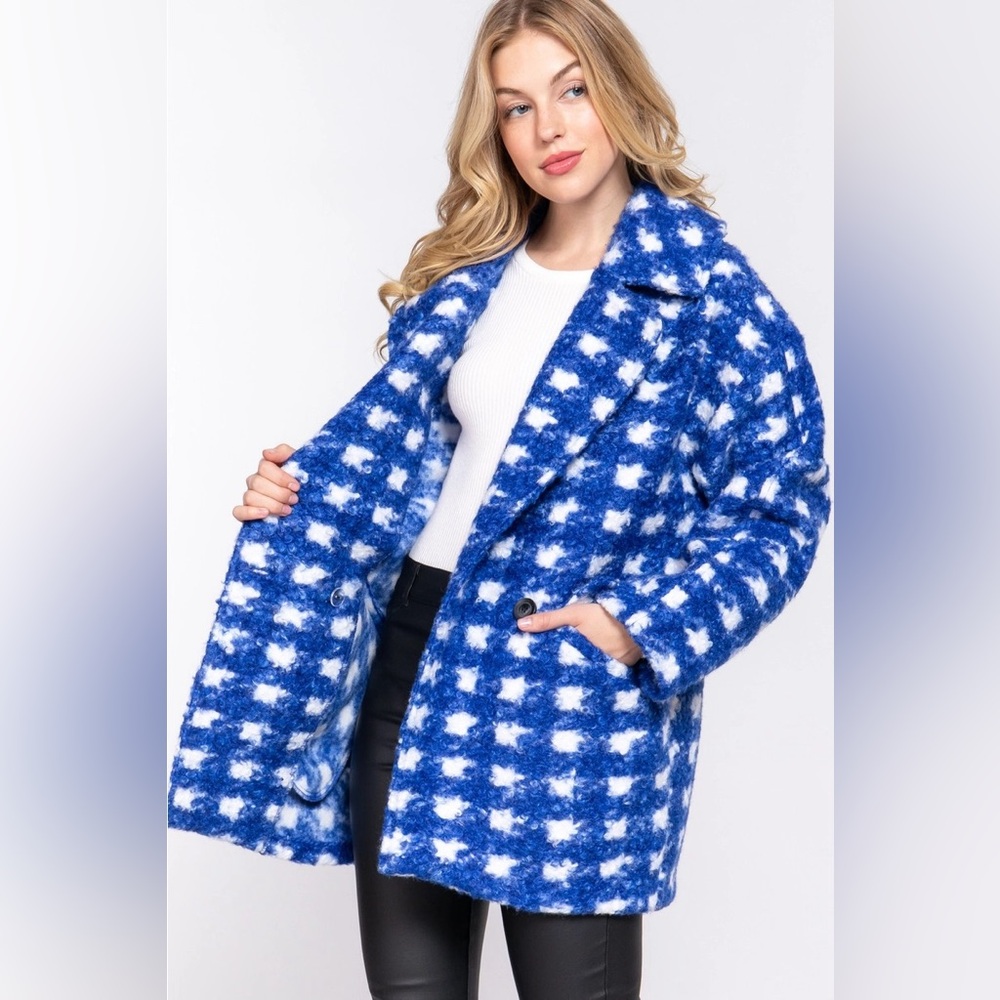 ($20) Double Breasted Check Boucle Fleece Coat